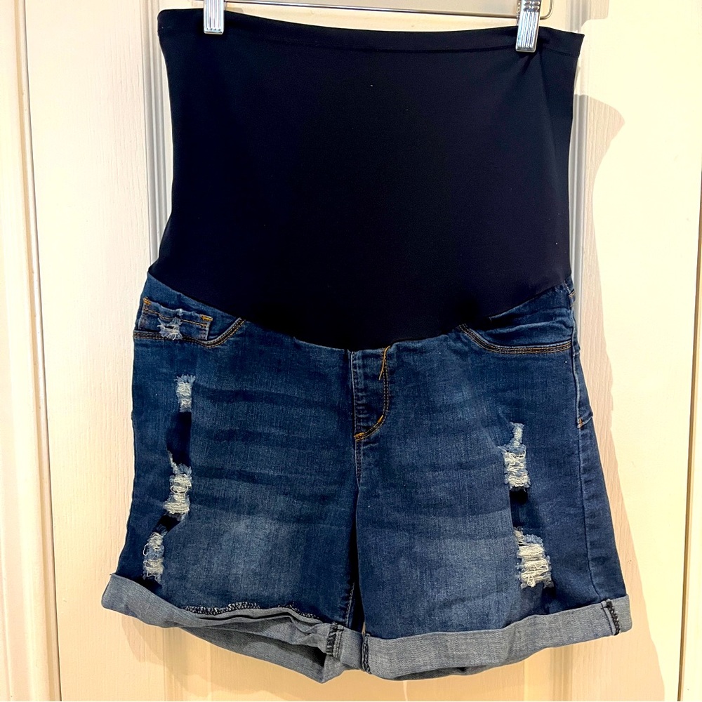 Song Maternity Shorts Size L Distressed Blue Denim Stretch Full Panel Rolled Hem